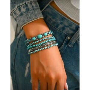 Boho Turquoise Beaded Bracelet Stack Silver Tone Women Casual
